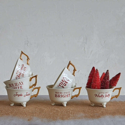 Set of 6 Sassy Holiday Footed Teacups w/ Gold Electroplating
