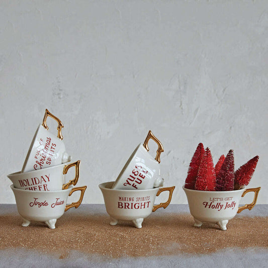 Set of 6 Sassy Holiday Footed Teacups w/ Gold Electroplating