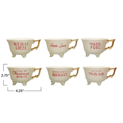 Set of 6 Sassy Holiday Footed Teacups w/ Gold Electroplating