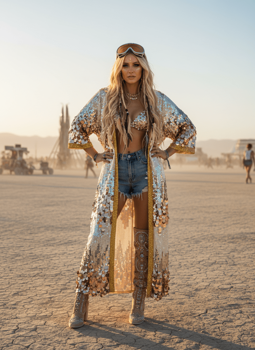 Silver White Gold Sequin Kimono | Burning Man & EDM Festival Wear