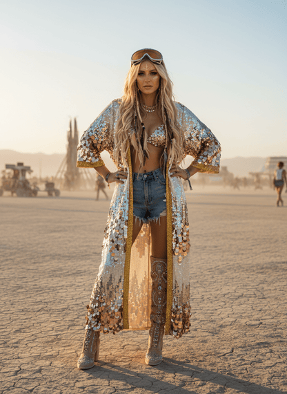 Silver White Gold Sequin Kimono | Burning Man & EDM Festival Wear