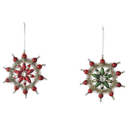 Vintage Style Glass & Tinsel Snowflake Ornament GREEN Quirks!