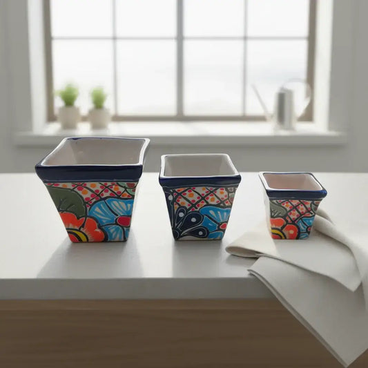 Square Talavera Planter Set | Colorful Mexican Mini Pots (Set of 3)