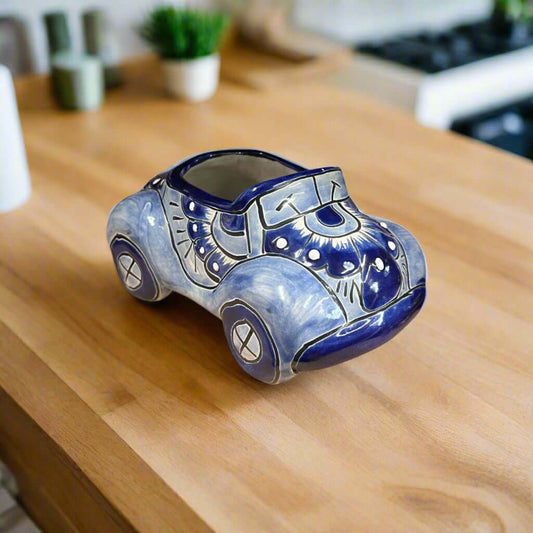 Talavera Car Planter | Small Blue & White Handmade Ceramic Pot