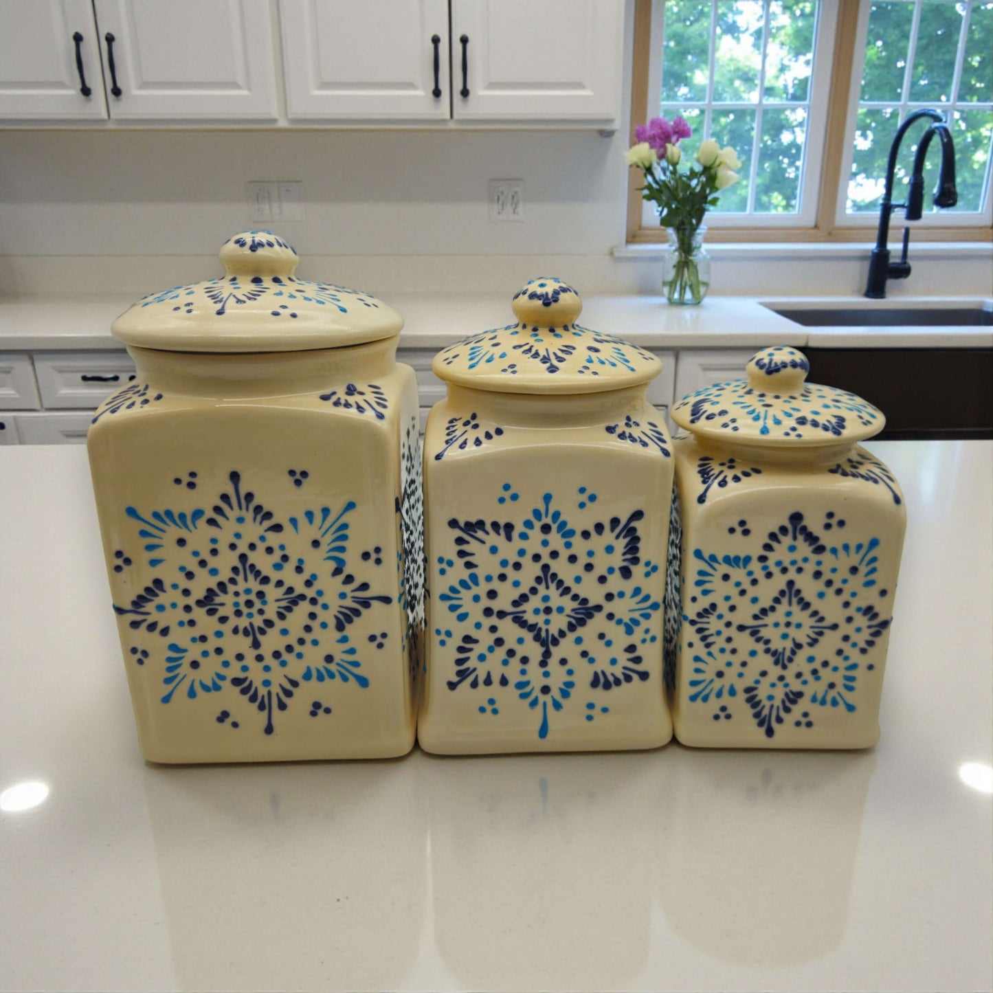 Talavera Ceramic Kitchen Canister Trio | White Multicolor Set