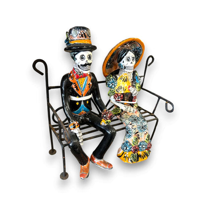 Talavera Skeleton Couple on Bench | Day of the Dead Mexican Decor