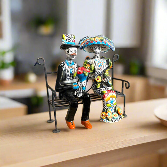 The Talavera Hub • Skeleton Couple on Bench | Handcrafted & Kiln-fired in Guanajuato, Mexico