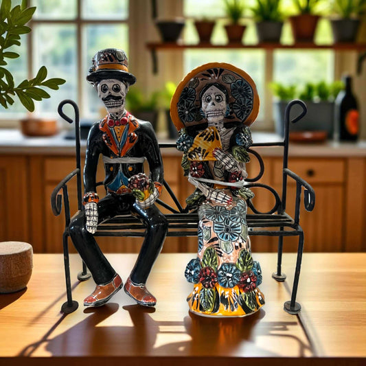 The Talavera Hub • Skeleton Couple on Bench | Handcrafted & Kiln-fired in Guanajuato, Mexico