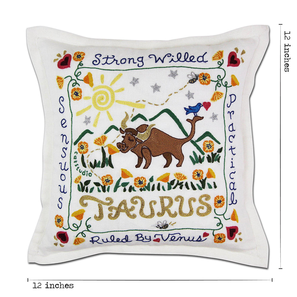 Taurus Astrology Hand-Embroidered Pillow by Cat Studio Quirks!