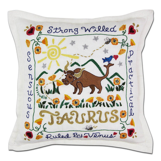 Taurus Astrology Hand-Embroidered Pillow by Cat Studio Quirks!