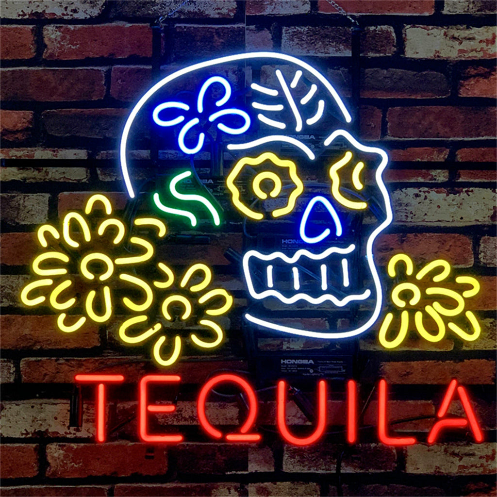 Tequila Lager Skull Bone with Flower Neon Signs Light Neon Signs Land