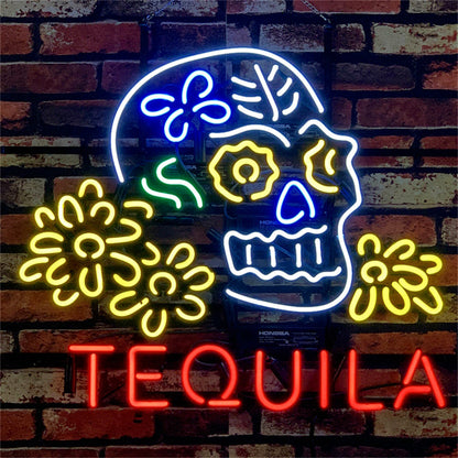 Tequila Lager Skull Bone with Flower Neon Signs Light Neon Signs Land