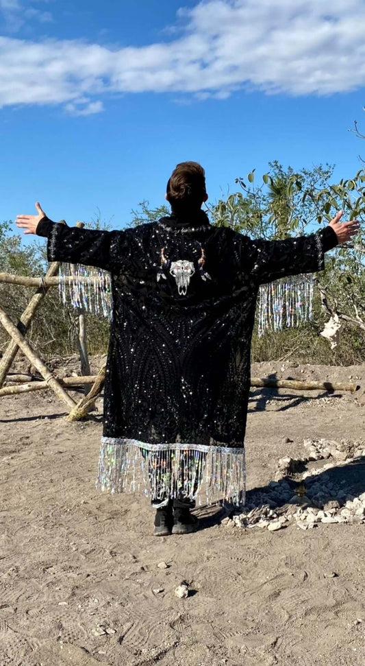 Luxury Men Sequin Kimono with Bull Skull appliqué - Rave Clothing and Festival Outfit