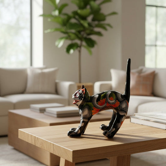 Handmade Talavera Arched Cat Statue | Day of the Dead Ceramic Cat Art