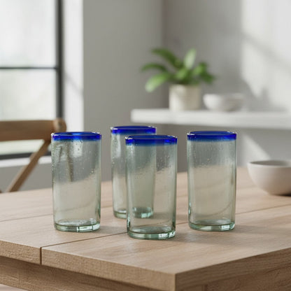 Mexican Blue Rim Tumbler | Hand-Blown Clear Glassware