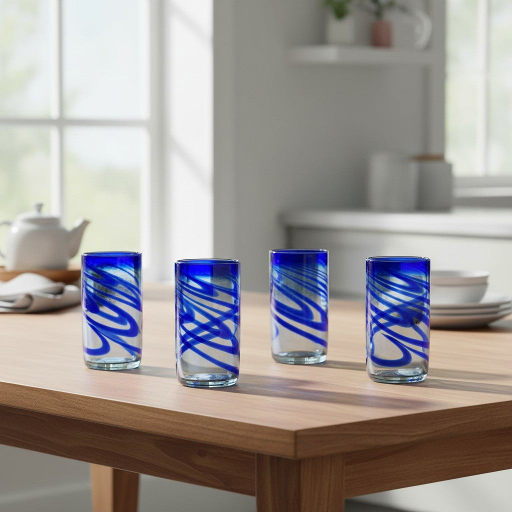 Hand-Blown Mexican Drinking Glass | Blue Swirl Design