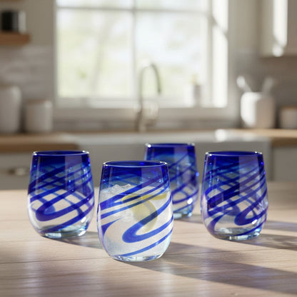 Mexican Stemless Wine Glass | Hand-Blown Blue Swirl