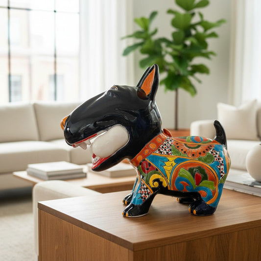 Talavera Bull Terrier Decor | Hand-painted Ceramic Dog with Bone (Extra Large)