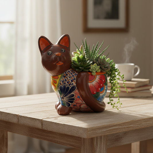 Handmade Cat Planter | Hand Painted Cat Talavera Artwork (Medium Size)
