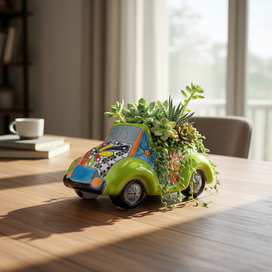Colorful Hand-Painted Talavera Car Planter | Small Ceramic Car Statue