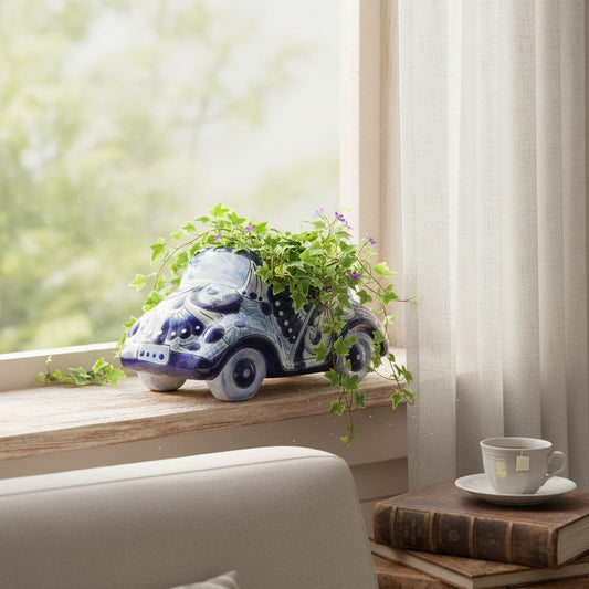 Talavera Car Planter | Small Blue & White Handmade Ceramic Pot