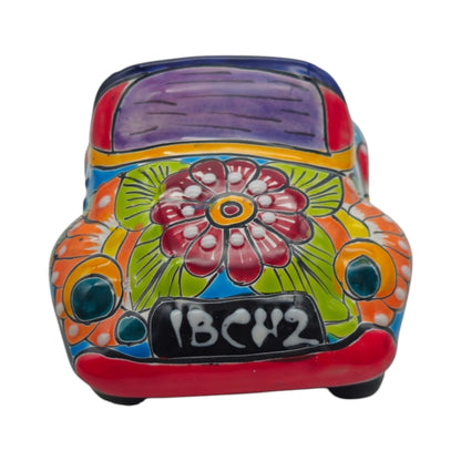 Colorful Hand-Painted Talavera Car Planter | Small Ceramic Car Statue