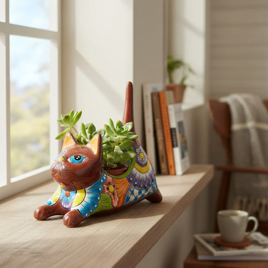 Talavera Cat Planter | Colorful Handcrafted Stretching Animal Pot