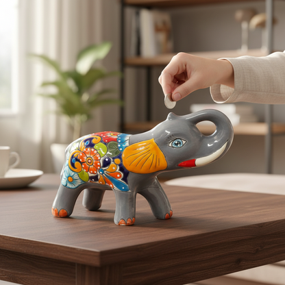 Colorful Talavera Elephant Coin Bank | Handmade Medium Piggy Bank