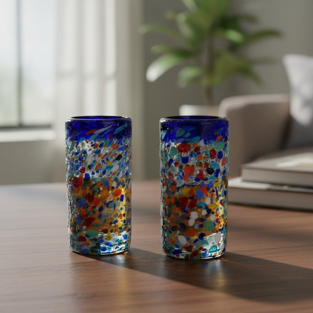 Confetti Double Shot Glass | Hand Blown Mexican Blue Rim
