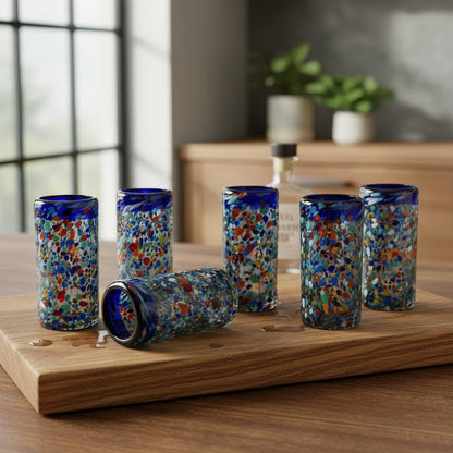 Confetti Double Shot Glass | Hand Blown Mexican Blue Rim