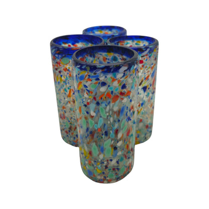 Blue Rim Confetti Pebbled Glass | Hand-Blown Mexican Tumbler