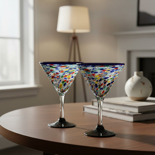 Confetti Rock Martini Glass with Blue Rim | Hand-Blown Mexican Barware