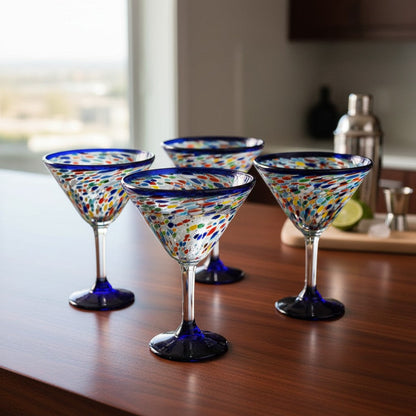 Confetti Rock Martini Glass with Blue Rim | Hand-Blown Mexican Barware