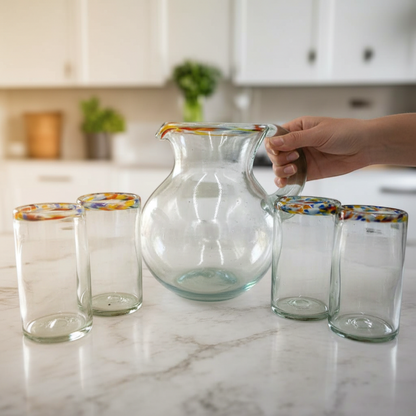 Mexican Hand Blown Glass Pitcher | Confetti Rim