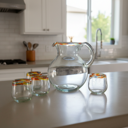 Mexican Hand Blown Glass Pitcher | Confetti Rim