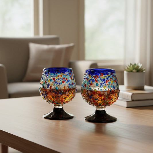 Confetti Rock Shot Glass | Blue Rim Cognac Style