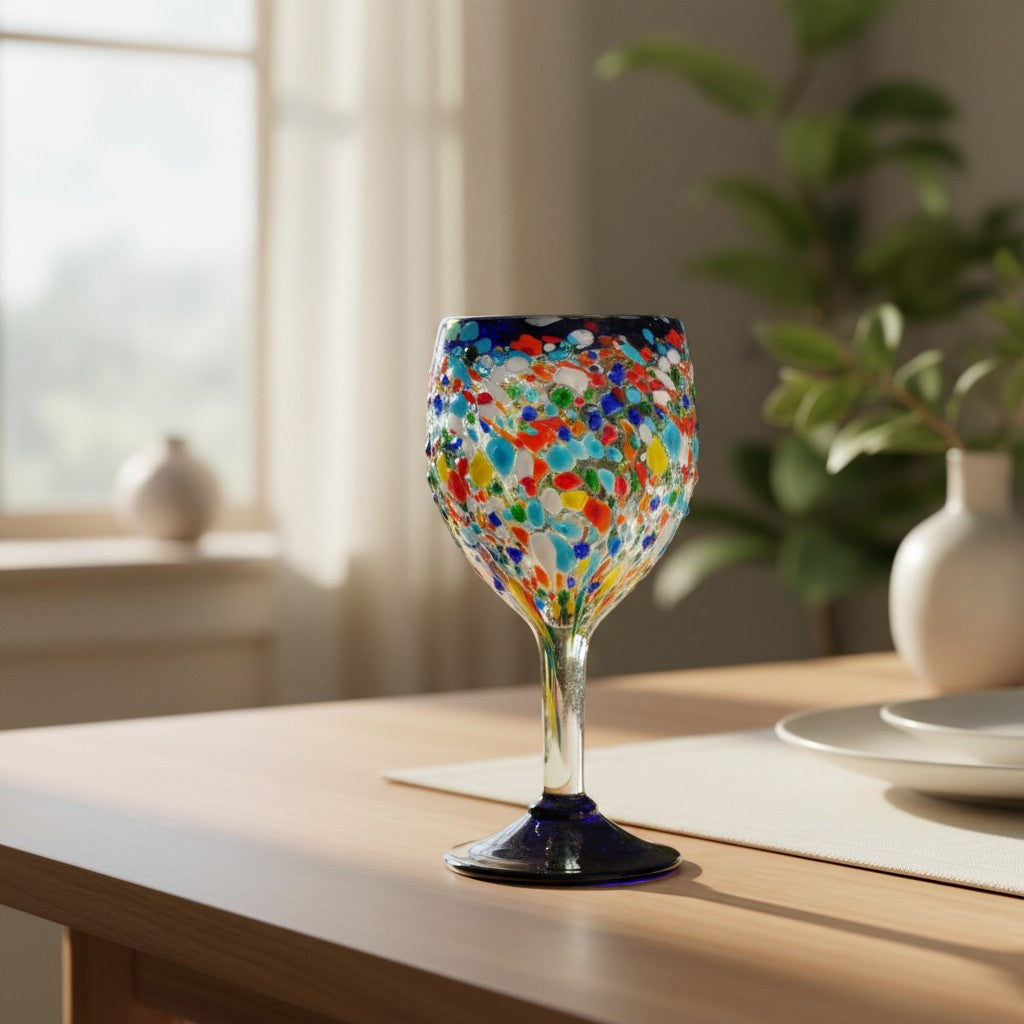 Hand Blown Mexican Wine Glasses | Blue Rim Confetti Design