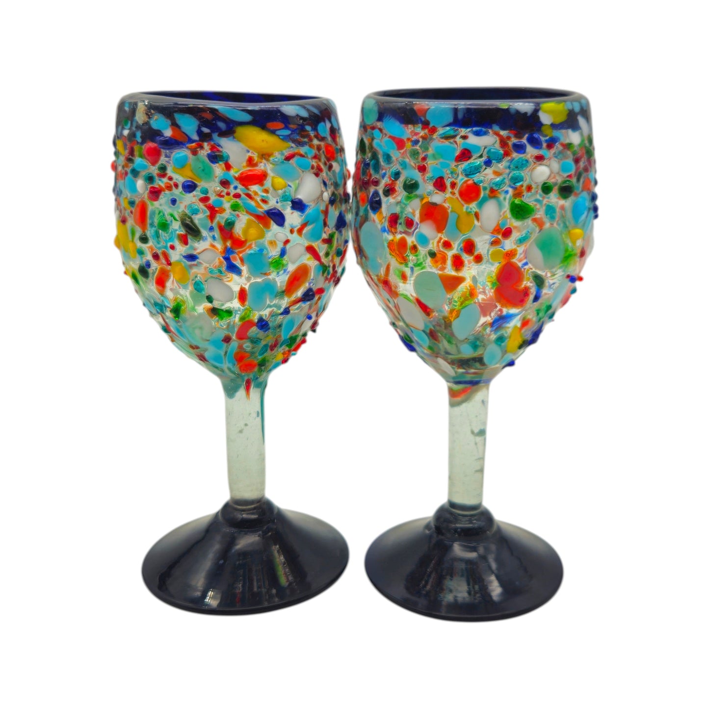 Hand Blown Mexican Wine Glasses | Blue Rim Confetti Design