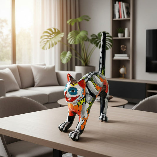 Handmade Talavera Arched Cat Statue | Day of the Dead Ceramic Cat Art