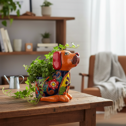 Mexican Handmade Dog Planter | Colorful Hand-Painted Talavera Dog Planter (Medium Size)