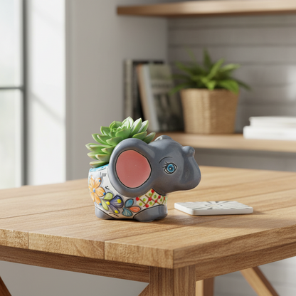 Hand-Painted Talavera Elephant Flower Pot | Colorful Small Talavera Planter