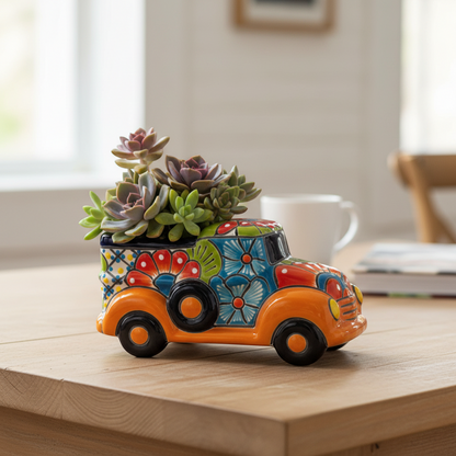 Hand-Painted Talavera Car Planter | Colorful Ceramic Car Statue (Small)