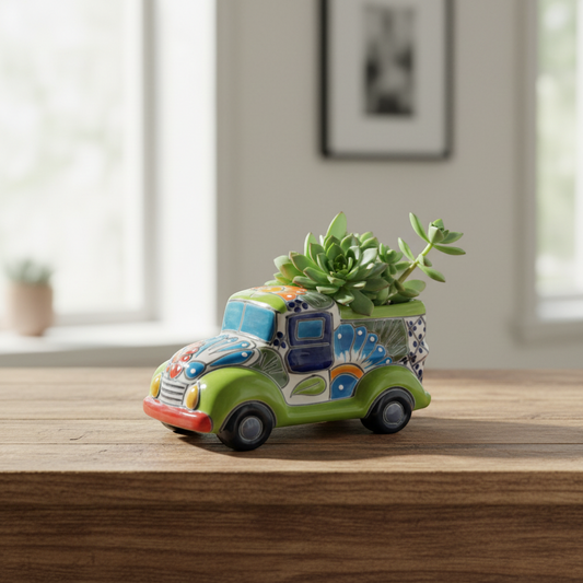 Hand-Painted Talavera Car Planter | Colorful Ceramic Car Statue (Small)