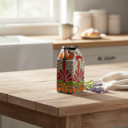 Talavera Hand-Painted Milk Carton | Colorful Mexican Container