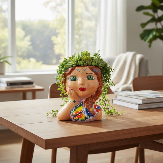 Hand-Painted Talavera Ceramic Lady Planter | Mexican Artwork Décor