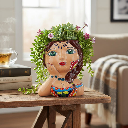 Hand-Painted Talavera Ceramic Lady Planter | Mexican Artwork Décor