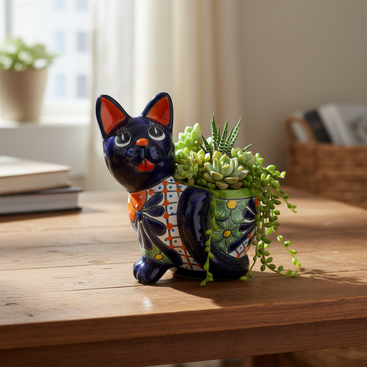 Handmade Cat Planter | Hand Painted Cat Talavera Artwork (Medium Size)