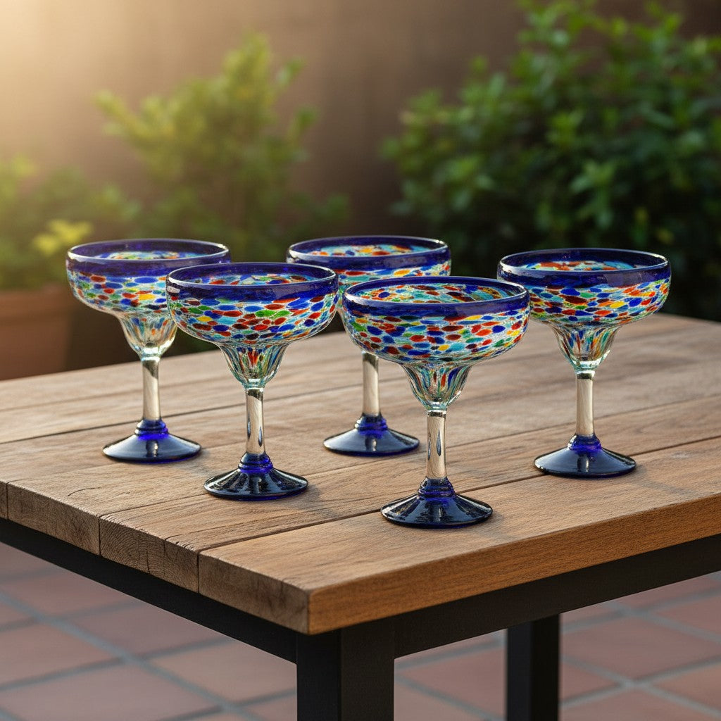 Mexican Hand-Blown Margarita Glass | Blue Confetti Rock Design