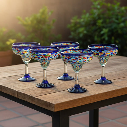 Mexican Hand-Blown Margarita Glass | Blue Confetti Rock Design