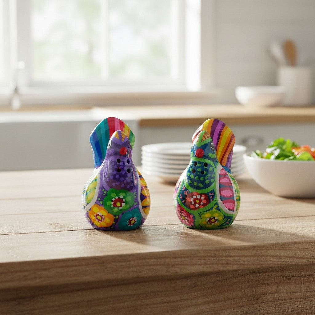 Set of 2 Chicken Salt and Pepper Shakers | Mexican Hand-Painted Guerrero Pottery